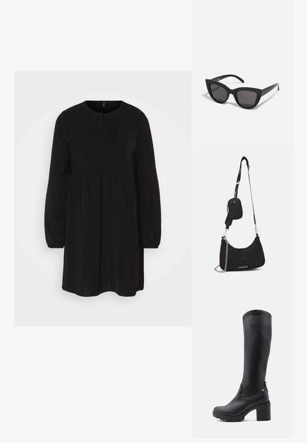 Vero Moda VMALVA PLEET DRESS - Robe de jour - black; Bottes noires montantes en cuir lisse avec un bout carré, un talon épais et une semelle en caoutchouc texturé. Présente un détail de logo discret.; Lunettes de soleil noires en forme d'œil de chat avec une finition mate, dotées de verres teintés gris, d'angles aigus et de branches élégantes. Nom de la marque visible sur la branche intérieure.; Sac en nylon noir à l'épaule avec une forme incurvée, accent en chaîne argentée, pochette mini amovible et bandoulière ajustable ; présente le logo "Steve Madden".