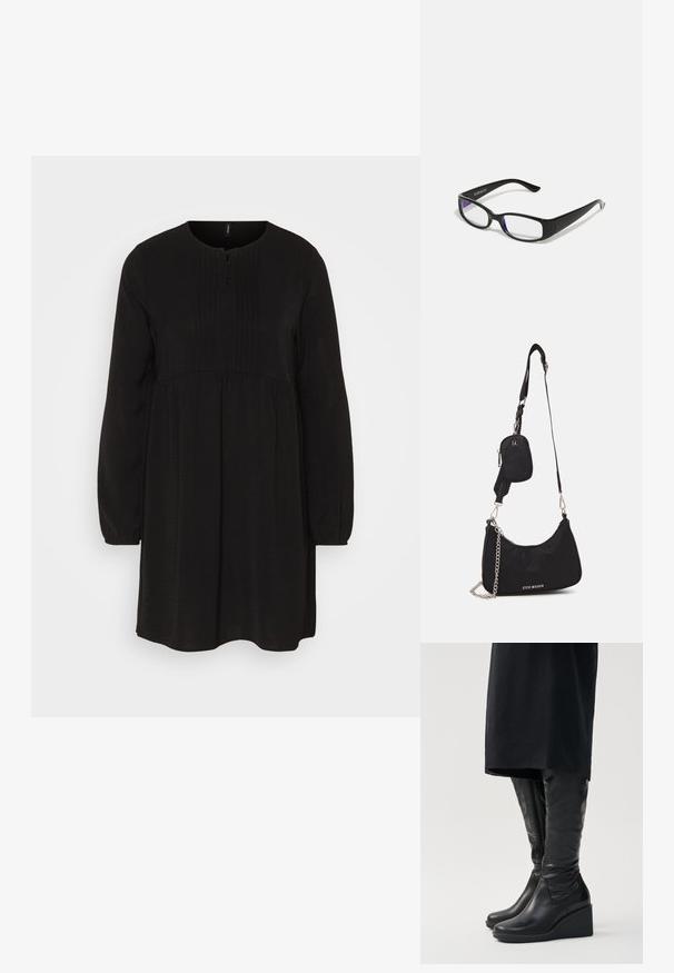 Vero Moda VMALVA PLEET DRESS - Hverdagskjole - black; Sorte læder knæhøje støvler med kilehæle, der har en glat tekstur og en lynlås i siden. Designet med en strømlinet, tætsiddende silhuet.; Sorte rektangulære briller med klare linser. Blank finish, smalle stænger, og lilla nuance synlig i kanterne af linsen.; Sort nylon skuldertaske med en buet form, sølvfarvet kædeaccent, aftagelig mini-pung og justerbar rem; prydet med "Steve Madden" logo.