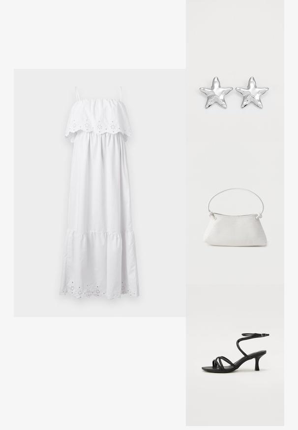 Robe maxi blanche avec un haut élastiqué hors des épaules, détails floraux brodés et ourlet à volants en couches. Fabriquée en tissu léger.; Even&Odd Wide Fit by Zalando Sandales - black; Sac à main en cuir tressé blanc avec poignée arrondie et extrémités de lanière nouées, présenté sur un fond uni.; Boucles d'oreilles argentées en forme d'étoile, avec une surface lisse et brillante. Chaque boucle d'oreille possède cinq pointes et des détails subtils de texture de surface.