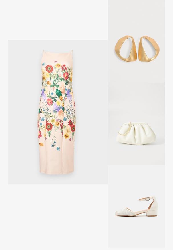 Robe longue sans manches de couleur rose pâle, ornée d'un motif floral multicolore détaillé avec des fleurs rouges, jaunes, violettes et bleues.; Chaussure blanche à bride de cheville en dentelle avec un petit talon carré et un design à bout pointu. Doublure intérieure lisse, dessus en dentelle texturé et détail de boucle.; Sac à main en cuir blanc avec un design plissé, doté d'une bandoulière en chaîne dorée et d'une forme arrondie. Texture lisse avec des plis doux et sans motifs.; Paire de boucles d’oreilles créoles en or irrégulières et asymétriques avec une finition lisse et mate sur un fond neutre.