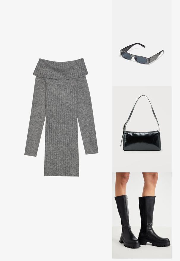 Grijze geribbelde gebreide jurk met een off-the-shoulder halslijn. Heeft lange mouwen en een getailleerde pasvorm, gemaakt van zachte stof.; Zwarte kniehoge laarzen van glad synthetisch leer met een dikke zool, zijrits en een ronde neusontwerp.; Zwarte zonnebril met grijze lenzen, versierd met een rasterpatroon van kleine metalen strass-steentjes langs het montuur. Gladde afwerking, hoekig ontwerp.; Zwarte rechthoekige schoudertas met een enkele verstelbare band en een bovenste ritssluiting op een effen achtergrond.