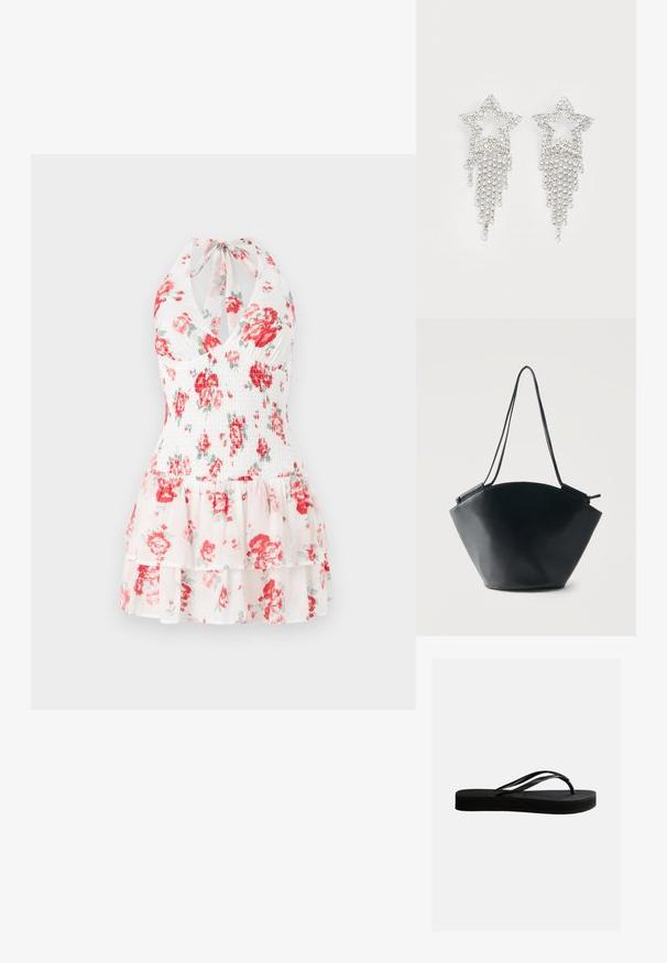 Blomstret halterkjole med hvidt stof og røde og grønne blomstermønstre, smocked bodice og lagdelt flæsekant.; Sort gummiflipflop med tekstureret sål og Y-formet rem, vist i sideprofil mod en ensartet lys baggrund.; Sort læder bucket taske med bred afrundet bund og smalle dobbelte skulderstropper mod en ensartet lys baggrund.; Rhinestone stjerne øreringe med dryppende frynsedetaljer, præget af sølvfarve og en blank, reflekterende overflade. Stjernedesign med detaljeret udformning.