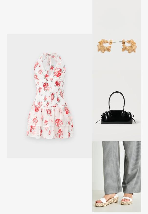Robe halter florale présentant un tissu blanc avec des motifs de fleurs rouges et vertes, un buste smocké et un ourlet à volants superposés.; Sandales compensées blanches avec une semelle en espadrille tissée, dotées d'une bride supérieure lisse et d'un subtil détail métallique au niveau du talon. Pantalons à rayures gris visibles.; Petit sac à main noir brillant avec deux longues anses et des détails à cordon sur les côtés sur un fond clair uni.; Boucles d'oreilles dorées avec une forme abstraite et organique, présentant une surface texturée et une fermeture à poussette.