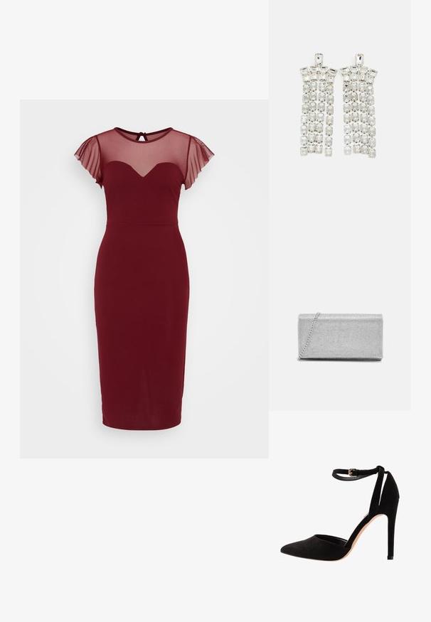 Robe bordeaux avec une silhouette ajustée, des manches en maille transparente et un décolleté en forme de cœur. Tissu doux avec des accents texturés.; Escarpins en suède noir avec un bout pointu, une bride à la cheville et un talon aiguille. Le design présente une texture lisse avec un minimalisme dans les détails.; Pochette en métal argenté avec un design en maillage tissé, de forme rectangulaire, et une chaîne pour le transport. Texture lisse et finition polie.; Boucles d'oreilles en cristal avec des accents en métal argenté, ornées de plusieurs pierres taillées en rectangles et carrés disposées en rangées en cascade.