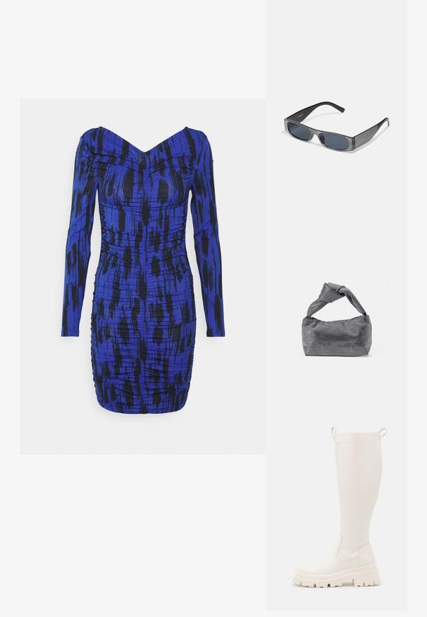 Noisy May NMCEMRE V NECK SHORT DRESS - Trikotaažkleit - dazzling blue; Knee-high valged valged kummist saapad, millel on paks kand ja külgedel elastsed paneelid. Omab ülaosas tõmblukke lihtsamaks jalga panemiseks. Sile tekstuur.; Mustad mustad prillid hallide objektiividega, mille äärtes on peen metallist rhinestone'idest koosnev ruuduline muster. Sile viimistlus, nurgeline disain.; Must musta ja hõbedane käekott, millel on tekstureeritud pind, millel on teemanti muster, sõlmega käepide ja struktureeritud kuju.