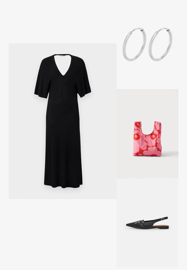 Musta midimittainen mekko V-pääntiellä, lyhyillä leveillä hihoilla ja hieman istuvalla linjalla, esitettynä yksiväristä vaaleaa taustaa vasten.; Musta nahkainen slingback-tasapohjashoe, jossa on teräväkärkinen muotoilu, kaksi vaakasuoraa hihnaa ja neliönmuotoiset hopeiset soljet, matala korko ja sileä pinta.; Uudelleenkäytettävä ostoskassi, jossa on pinkki ja punainen kukkakuvio, seisoo pystyssä vaalealla yksivärisellä taustalla.; Hope hopea, muodoltaan pyöreät, sileän kiiltävä pinta ja yhtenäinen leveys koko matkalta. Minimalistinen muotoilu ilman lisäkoristeita.