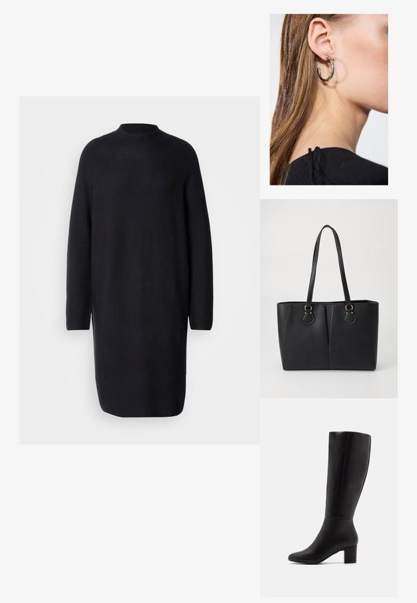 Zwarte trui jurk met lange mouwen en een hoge hals. Heeft een losse pasvorm en een zoom die net boven de knie valt. Zachte textuur.; Anna Field by Zalando Laarzen - black; Zwarte neplederen tote bag met een gestructureerde afwerking, twee lange handvatten en goudkleurige hardware-accenten aan de zijkant. Rechthoekige vorm.; Zilveren oorbel met een gepolijste afwerking, met kleine gouden accentdetails en een ronde vorm, gedragen op de oorlel.