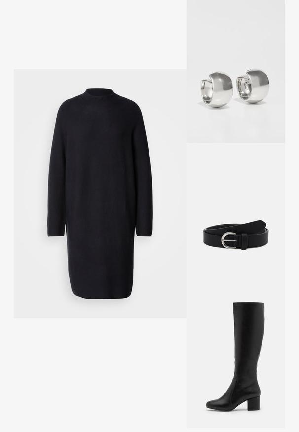 Robe en maille noire à manches longues avec un col montant. Présente une coupe décontractée et un ourlet qui tombe juste au-dessus du genou. Texture douce.; Bottes en cuir noir jusqu'aux genoux avec une texture lisse, un bout arrondi, un panneau latéral et un talon épais.; Uncommon Matters SCULPTURAL LARGE CREOLE - Boucles d'oreilles - silver-coloured; Ceinture en cuir noir avec une boucle ronde en métal argenté, design plat, extrémité effilée, texture lisse et style minimaliste.