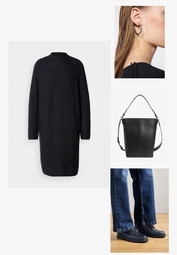 Vestido de punto negro de manga larga con cuello alto. Presenta un ajuste holgado y un dobladillo que cae justo por encima de la rodilla. Textura suave.; Zapatos de cuero azul marino con suela gruesa y detalle de cadena en la parte superior, combinados con unos vaqueros de mezclilla oscura de corte holgado.; Bolso tipo cubo de cuero negro con dos correas de hombro ajustables y detalles de costura mínimos sobre un fondo liso.; Pendiente de aro de plata con un acabado pulido, que presenta pequeños detalles en dorado y una forma redonda, llevado en el lóbulo.