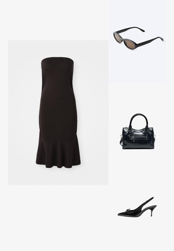 Robe noire sans bretelles en tissu extensible, présentant un corsage ajusté et un ourlet évasé, avec des détails froncés sur les côtés pour plus de texture.; Chaussure slingback en cuir verni noir avec un bout pointu, un talon bas et un détail de nœud décoratif sur le côté. Texture lisse sur toute la surface.; Lunettes de soleil noires à monture ovale avec verres teintés foncés, montrées légèrement en angle sur une surface blanche.; Sac à main en cuir noir brillant avec deux poignées, poche avant zippée et bandoulière amovible sur fond blanc.