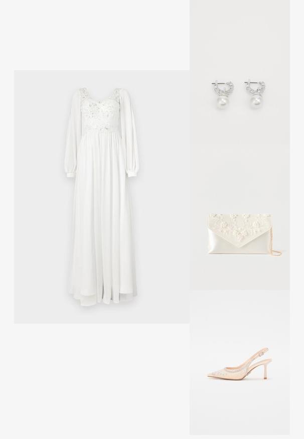 Lang witte jurk met een kanten lijfje met borduursels, geplooide lange mouwen en een vloeiende rok. Soepele textuur en lichtgewicht materiaal.; Steve Madden VERO - Hoge hakken - champagne; Crème satijnen clutch met parel- en bloemenborduursel op de klep, en een dunne gouden kettingriem op witte achtergrond.; Zilveren creolen met een ronde witte parel als hanger, met heldere edelsteentjes boven de parel, een gladde textuur en een gepolijste afwerking.