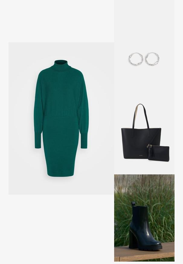 Anna Field by Zalando Svetríkové šaty - green; Čierne lesklé kožené členkové čižmy s robustným vysokým podpätkom a úchytom, vystavené na drevenom povrchu s pozadím z vysokých zelených trávy.; Čierna taška cez rameno s textúrovaným materiálom, dvomi dlhými popruhmi a odnímateľným zipsovým vreckom s detailom v podobe strapca. Viditeľné zlaté logo značky.; Strieborné kruhové náušnice s vlnitou, nepravidelnou textúrou. Majú tenký, kruhový tvar a reflektujúci povrch.