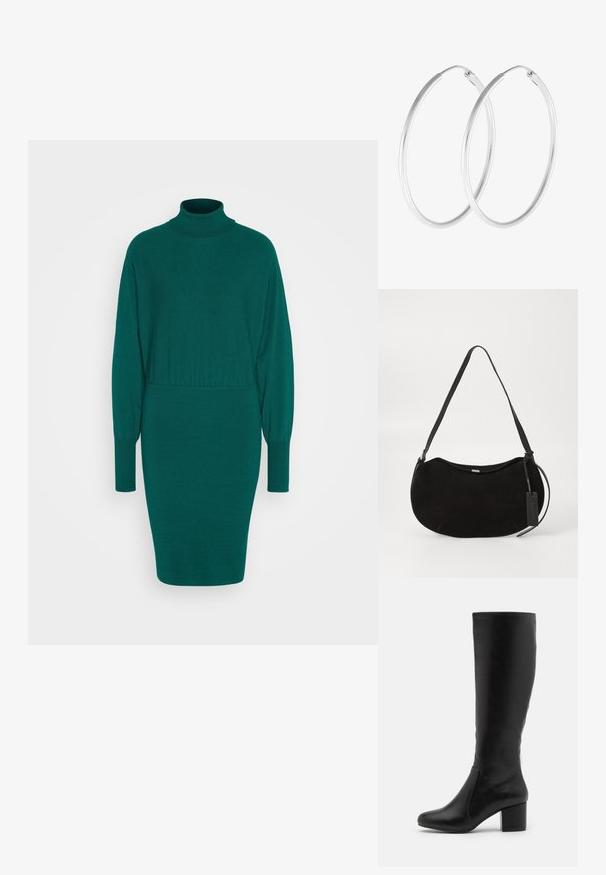 Anna Field by Zalando Strikkjoler - green; Knæ-høje sorte læderstøvler med en glat overflade, afrundet tå, sideskift og en kraftig blokhæl.; Sort ruskind skuldertaske med en buet form, justerbar rem og et lædermærke hængende fra den ene side.; Sølvfarvede hoop øreringe med en glat, rund form og en poleret overflade. Begge øreringe er i samme størrelse og har en sikker lukke mekanisme.