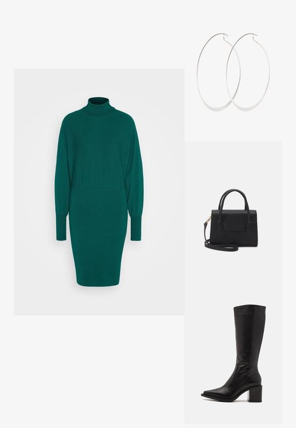 Anna Field by Zalando Strikkjoler - green; Zign by Zalando LEATHER - Høje støvler/ Støvler - black; Sort struktureret håndtaske lavet af læder med et topgreb, aftagelig skulderrem og detalje med frontklap. Guldhardware accenter.; Sølv hoops øreringe med et tyndt, glat design; langstrakt oval form; poleret finish; har en sikker krog lukning.