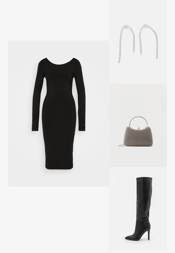 Robe noire à manches longues avec un décolleté arrondi, silhouette ajustée et détails froncés sur les poignets, réalisée en un tissu stretch lisse.; RAID TALISHA - Bottes - black; Petit sac à main avec motif à carreaux argenté, poignée incurvée, grande fermeture à perle et une fine bandoulière en chaîne argentée sur un fond uni.; Boucles d'oreilles en argent avec des chaînes pendantes, présentant plusieurs pierres précieuses claires disposées en motif linéaire, offrant un effet scintillant.