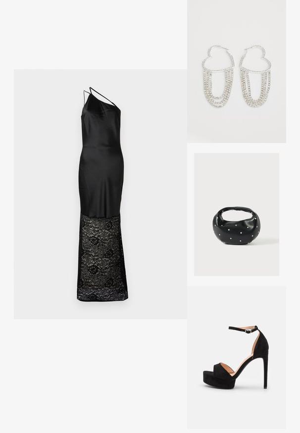 Vestido negro con un top de satén de un solo hombro y una falda de encaje, decorada con patrones florales y una textura semitranslúcida en la parte inferior.; Sandalia de tacón alto de ante negro con suela de plataforma, tira en el tobillo con herrajes plateados, diseño de punta abierta y textura suave.; Bolso de mano de cuero negro con forma redondeada, decorado con detalles de tachuelas plateadas y un asa corta. Textura lisa y cierre con cremallera.; Pendientes de aro plateados en forma de corazón, con hebras en cascada de strass transparentes que aportan un brillo y textura adicionales.