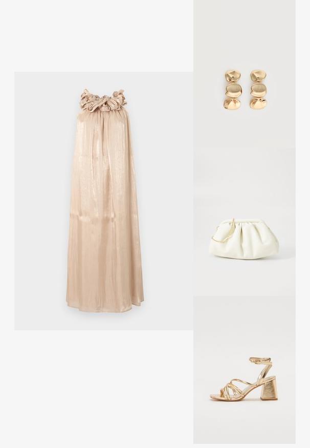 Robe longue beige en satin avec un col plissé de style floral et un tissu drapé fluide.; Sandales à talons métalliques dorés avec un design à lacets, un talon carré, et une sangle de cheville ajustable avec une boucle. Texture lisse.; Sac à main en cuir blanc avec un design plissé, doté d'une bandoulière en chaîne dorée et d'une forme arrondie. Texture lisse avec des plis doux et sans motifs.; Boucles d’oreilles pendantes ton or avec trois segments irréguliers, lisses et arrondis empilés verticalement sur un fond clair uni.