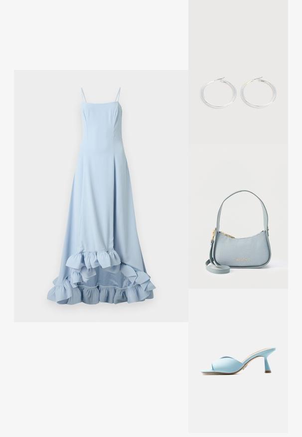 Robe longue bleu clair sans manches avec fines bretelles et détail volanté à l'ourlet sur fond uni.; Mule bleu clair à bout ouvert avec des brides larges croisées et un talon mi-hauteur évasé, présenté de profil sur fond blanc.; Sac à main Valentino bleu clair avec fermeture éclair dorée, logo doré, poignée courte et bandoulière longue amovible sur fond blanc.; Paire de boucles d'oreilles créoles argentées brillantes avec fermoirs en fil fin, présentée sur un fond gris clair.