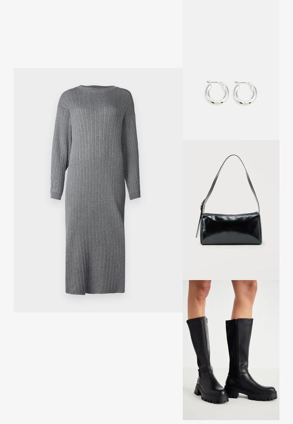 Robe en tricot ribbed grise, coupe ample, avec des manches longues, un col rond et une longueur mi-mollet. Présente une texture verticale sur l'ensemble du tissu.; Cuissardes noires en simili cuir lisse avec une semelle épaisse, fermeture éclair sur le côté et bout arrondi.; Sac d'épaule rectangulaire noir avec une sangle réglable unique et une fermeture éclair supérieure sur un fond uni.; Boucles d'oreilles en argent avec une finition polie, présentant une forme circulaire et une fermeture à charnière. Texture lisse avec un minimum de détails.