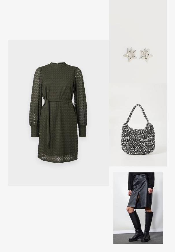 Olivengrünes Kleid mit strukturiertem Muster, langen Ärmeln, hohem Kragen und Bindegürtel in der Taille.; Schwarzer Leder-Bleistiftrock mit Frontschlitz, kombiniert mit kniehohen schwarzen Stiefeln mit Reißverschlüssen und einer derben Sohle für zusätzlichen Halt.; Gewebte Handtasche in Schwarz und Weiß mit runder Form, strukturiertem Oberflächenfinish und geflochtener Grifffläche. Geeignet für den lässigen Gebrauch.; Silberne, sternförmige Creolen mit einer glatten, polierten Oberfläche auf weißem, schlichtem Hintergrund.