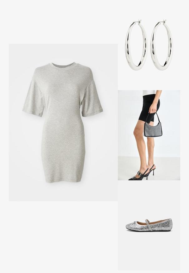 Robe grise à manches courtes en tissu doux et léger, avec une coupe ample et un col rond, ayant une forme légèrement fuselée vers l'ourlet.; Ballerines en paillettes argentées avec un bout arrondi, une sangle élastique et un talon minimal. Surface texturée avec un éclat métallique et des finitions contrastées.; Sac à main à perles noires avec une silhouette courbée, une poignée de transport et une texture brillante. Porté avec des chaussures à talons hauts noires et un short noir ajusté.; Boucles d'oreilles en argent en forme de halo, avec une surface lisse et réfléchissante. Forme ronde et large avec un fermoir sécurisé en haut. Fini poli mettant en valeur l'éclat.