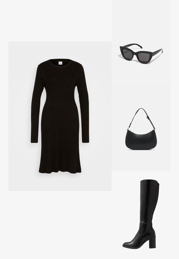 Gap Tall CREW NECK DRESS - Robe fourreau - black; Bottes noires à talons vernies hauteur genou, avec un bout arrondi, une texture lisse, un détail de découpe sur le côté et un talon empilé chunky.; Lunettes de soleil noires en forme d'œil de chat avec une finition mate, dotées de verres teintés gris, d'angles aigus et de branches élégantes. Nom de la marque visible sur la branche intérieure.; Pieces PCALUANA SHOULDER BAG - Sac à main - black