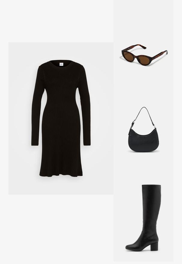 Gap Tall CREW NECK DRESS - Etuikjole - black; Knæ-høje sorte læderstøvler med en glat overflade, afrundet tå, sideskift og en kraftig blokhæl.; Brune skildpadde solbriller med en vintage katteøje-form og brune linser. Har buede arme med røde detaljer.; Sort hobo taske lavet af glat læder med en buet silhuet, der har en enkelt justerbar skulderrem og minimalistiske designdetaljer.