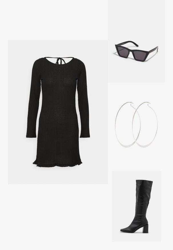 Pieces PCBREEZE OPEN BACK MINI DRESS - Gebreide jurk - black; RAID BLICK - Laarzen - black; Zwarte, hoekige zonnebril met grijze lenzen; gemaakt van plastic, met dikke armen met een gladde oppervlakte en zonder zichtbare hardware.; Zilveren oorringen met een dun, glad ontwerp; langwerpige ovale vorm; gepolijste afwerking; voorzien van een veilige haaksluiting.