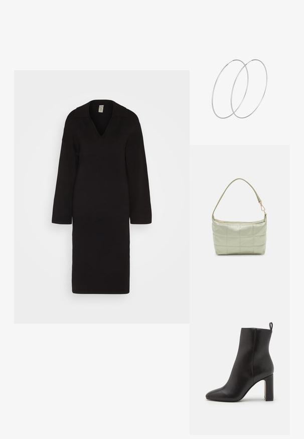 YAS YASABELIA DRESS - Svetríkové šaty - black; Čierne kožené členkové topánky s špicatou špičkou, cylindrickým vysokým podpätkom a slučkovou pútkom na zadnej strane pre jednoduché obúvanie. Hladká textúra.; Polstrovaná zelená ramenná taška s mäkkou textúrou, obdĺžnikovým tvarom, jedným popruhom a zlatou zipsovou uzáverou. Obsahuje prešívaný vzor.; Strieborné kruhové náušnice s minimalistickým dizajnom. Cirkulárny tvar, hladký povrch a tenký profil. Ľahké s lesklým povrchom.