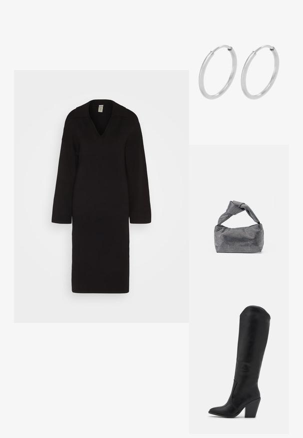 YAS YASABELIA DRESS - Gebreide jurk - black; RAID LAKELYN - Laarzen met hoge hak - black; Zwarte en zilveren handtas met een gestructureerd oppervlak dat een diamanten patroon vertoont, een geknoopt handvat en een gestructureerde vorm.; Zilveren hoepeloorbellen, cirkelvormig, met een gladde glanzende textuur en een constante breedte. Minimalistisch ontwerp zonder extra accenten.