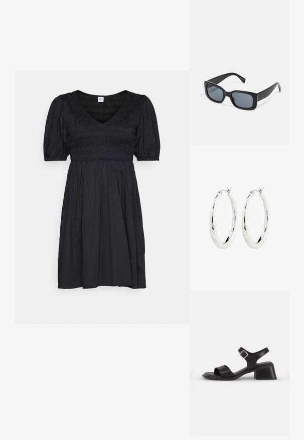 GAP SMOCKED PUFF MINI DRESS - Denné šaty - black; Čierne kožené sandále s otvorenou špičkou, širokým pásikom cez nohu a pásikom na členku so striebornou sponou. Dizajn na blokovom podpätku.; Čierne obdlžnikové slnečné okuliare s tmavými tónovanými sklami, hrubým plastovým rámom a širokými časťami na spánkoch. Hladký povrch a ostrý dizajn.; Strieborné kruhové náušnice s hladkým, lesklým povrchom. Obľúbený tvar, vybavené bezpečným zapínaním. Jednoduchý a elegantný dizajn.