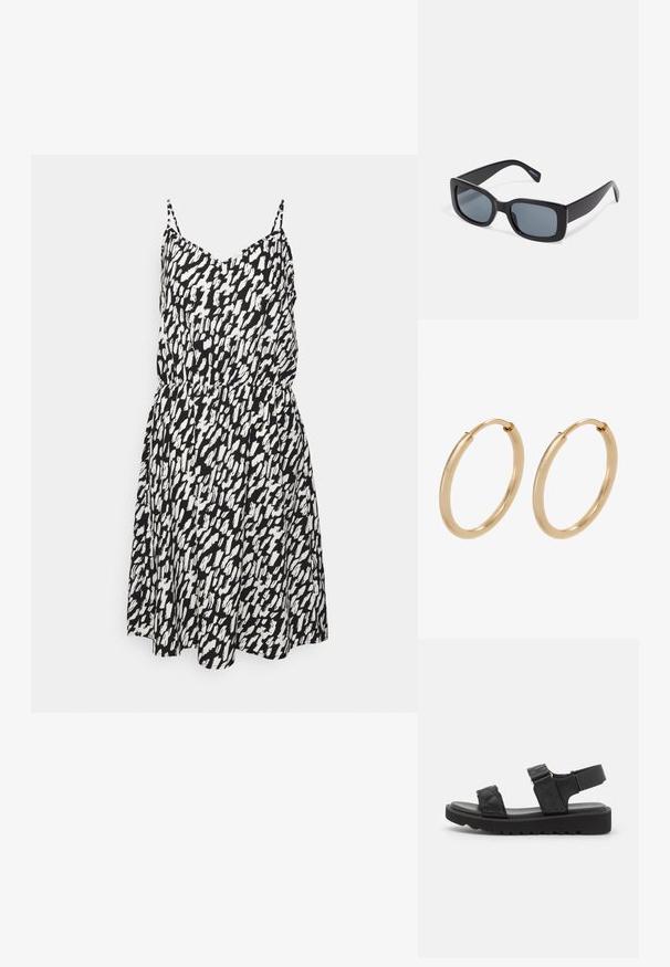 JDY Tall LULU STRAP SHORT DRESS - Hverdagskjole - black/white; Sorte platform sandaler med quiltede stropper, åben tå og justerbar ankelrem. Tekstureret gummisål med zigzag mønster for godt greb.; Sorte rektangulære solbriller med mørkt tonede linser, tyk plastramme og brede stænger. Glat overflade og kantet design.; Guldøreringe med en glat, poleret overflade. Rund form, mellemstor, med en sikker lukkemekanisme.