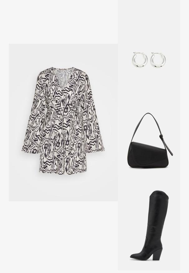 Florales Printkleid in Weiß und Schwarz, mit langen Glockenärmeln, tailliertem Schnitt, V-Ausschnitt und einem fließenden Rock aus strukturiertem Stoff.; RAID LAKELYN - High Heel Stiefel - black; Schwarze Lederhandtasche mit dreieckiger Form, schrägem Klappdeckel und rundem Oberhandgriff. Verfügt über eine glatte Textur und minimalistische Designdetails.; Silberne Creolen mit glänzender Oberfläche, die eine kreisrunde Form haben und mit einem schwenkbaren Verschluss ausgestattet sind. Glatte Textur mit minimalen Details.