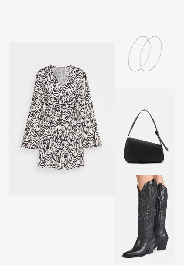 Bloemeneprint jurk in wit en zwart, met lange klokmouwen en een cinched taille, V-halslijn en een vloeiende rok van textuurstof.; Zwarte leren cowboylaarzen met spitse neuzen, decoratieve stiksels en schuine blokhakken gedragen door een persoon.; Zwart leren handtas met een driehoekige vorm, schuine klep en een ronde handgreep. Heeft een gladde textuur en minimalistische ontwerpelementen.; Zilveren hoepel oorbellen met een minimalistisch ontwerp. Cirkelvormig, gladde textuur en dun profiel. Lichtgewicht met een gepolijste afwerking.