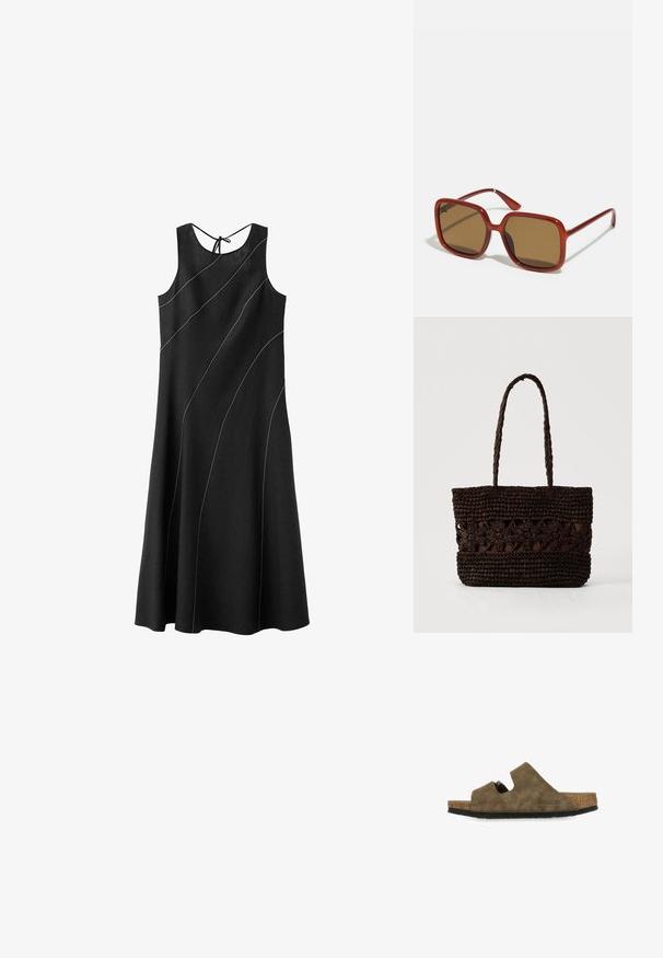 Vestido midi negro sin mangas con patrones curvos de costuras blancas y cierre con lazo en la parte posterior del escote.; Sandalia tipo slip-on de ante marrón con plantilla de corcho, presenta un diseño con recortes y suela de goma negra texturizada. Logo de la marca visible en el lateral.; Gafas de sol cuadradas rojas con lentes tintados marrones. Montura gruesa y brillante, con varillas delgadas y un pequeño detalle en el lateral para añadir interés visual.; Bolso tote de color marrón oscuro tejido con patrones florales y dos asas largas trenzadas sobre un fondo claro y sencillo.