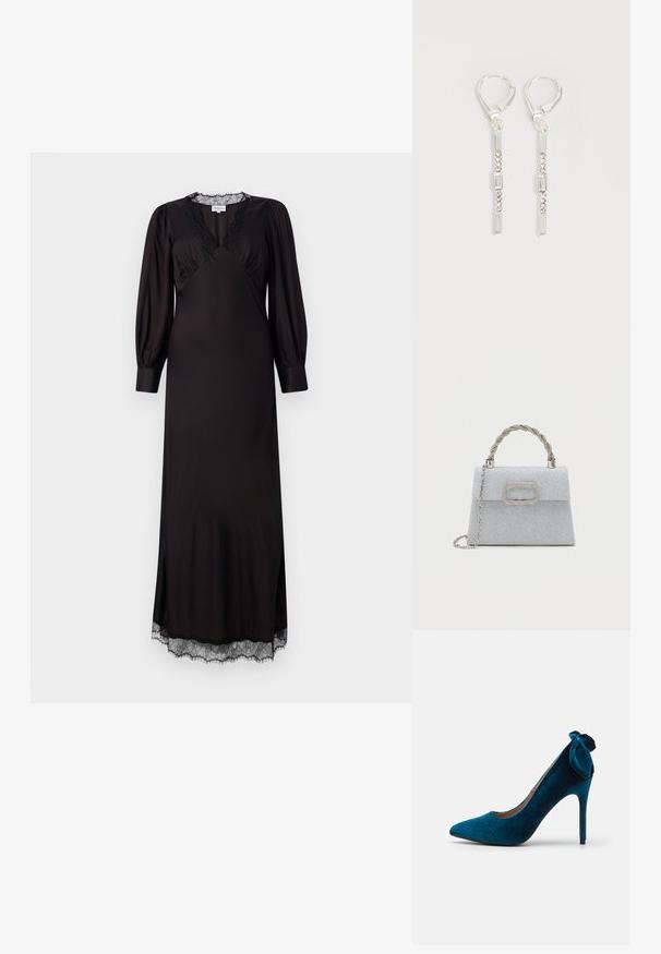 Robe noire à manches longues en tissu lisse, dotée d'un décolleté et d'un ourlet en dentelle, avec une forme légèrement évasée et des fentes sur les côtés.; Anna Field Escarpins - dark blue; Sac à main à paillettes argentées avec une forme structurée, une poignée en métal tordue et un fermoir rectangulaire décoratif. Rangement pour bandoulière inclus.; Boucles d'oreilles pendantes en argent avec des cristaux clairs rectangulaires et ronds alignés verticalement, sécurisées par des fermoirs à levier.