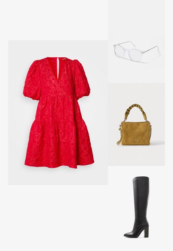 Robe rouge avec des manches bouffantes, décolleté en V et tissu texturé. Présente une jupe à volants et une fermeture en forme de clé au dos.; ALDO PILLOW WALK PULL ON GLAJAR - Bottes à talons hauts - black; Lunettes rondes transparentes avec des verres en plastique et des branches en métal argenté. Design minimaliste avec des détails subtils au niveau de la charnière.; Sac à main en daim beige avec poignée tressée sur le dessus, bandoulière amovible et petit logo de la marque en argent centré à l'avant.