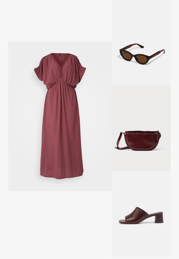 Bordeauxrotes, langes Maxikleid mit V-Ausschnitt, kurzen Puffärmeln und elastischem Bund. Aus leichtem Stoff mit einer weichen Textur gefertigt.; Dunkelburgunderfarbene, offene Sandalen aus glattem Leder mit einem abgerundeten Design und einem stabilen Blockabsatz. Seitliche Ansicht gezeigt.; Braune Schildpatt-Sonnenbrille mit einer Vintage-Cat-Eye-Form und braunen Gläsern. Verfügt über gebogene Bügel mit roten Akzenten.; Dunkelroter Lederhandtasche in halbmondförmiger Form mit Reißverschluss und abnehmbarem Tragegurt. Glatte Textur mit dezentem Glanz.