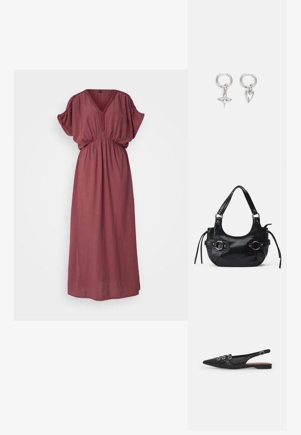 Bordeauxrotes, langes Maxikleid mit V-Ausschnitt, kurzen Puffärmeln und elastischem Bund. Aus leichtem Stoff mit einer weichen Textur gefertigt.; Schwarze Leder-Slingback-Ballerina mit spitzem Zeh, ausgestattet mit zwei horizontalen Riemen und quadratischen silbernen Schnallen, mit flachem Absatz und glatter Oberfläche.; Schwarze Lederhandtasche mit runder Form, ausgestattet mit zwei seitlichen Schnallen, glatter Textur und einem kurzen Schulterriemen. Akzente sind seitliche Quasten.; Silberne Creolen mit einem Kreuz- und Herz-Anhänger. Glatte, glänzende Textur mit polierter Oberfläche. Jeder Anhänger hängt an einem sicheren Ring.