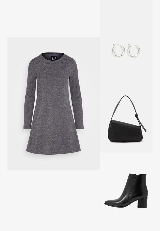 GAP CREWNECK MINI - Jerseyjurk - black silver; Anna Field by Zalando LEATHER - Lage laarzen - black; Zwart leren handtas met een driehoekige vorm, schuine klep en een ronde handgreep. Heeft een gladde textuur en minimalistische ontwerpelementen.; Zilveren oorbellen in de vorm van een ring met een gepolijste afwerking, met een cirkelvorm en een scharnierende postsluiting. Glad oppervlak met minimale details.
