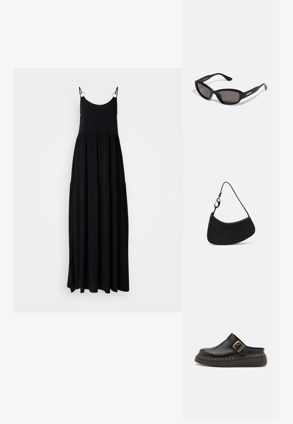 Vestido maxi negro con tirantes finos, volantes fluidos y una textura de tela suave. Presenta herrajes en tono dorado en los conectores de los tirantes.; Zueco de cuero negro con una correa ancha y detalle de hebilla de latón. Presenta una suela de goma texturizada con acentos de costura amarilla.; Gafas de sol negras con montura rectangular, lentes oscuros, material de plástico suave y un acento metálico en la patilla.; Bolso de mano negro con forma curva, textura suave y una correa corta con un cierre de metal. Diseño minimalista sin patrones ni acentos.