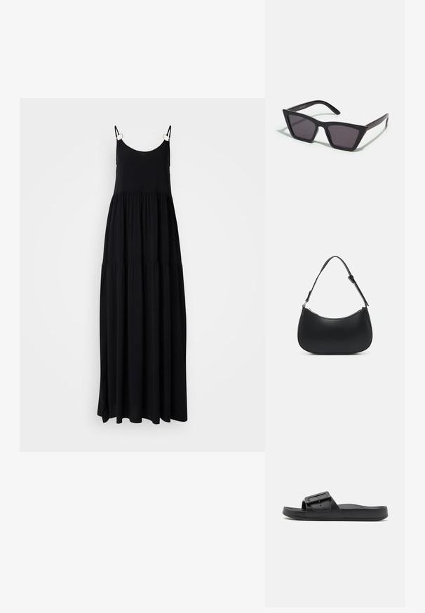 Robe maxi noire avec des bretelles fines, des volants fluides et une texture de tissu lisse. Présente des accessoires en métal doré sur les connecteurs des bretelles.; Sandale noire à semelle plate avec une large sangle, boucle ajustable et texture mate lisse. Design simple sans motifs supplémentaires.; Lunettes noires angulaires avec des verres gris ; fabriquées en plastique, avec des branches épaisses à la surface lisse et sans matériel visible.; Pieces PCALUANA SHOULDER BAG - Sac à main - black