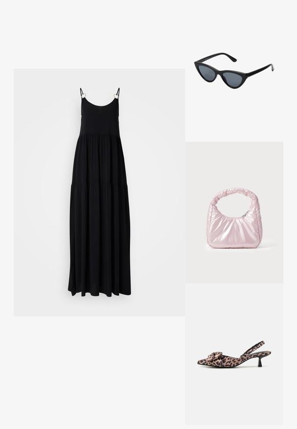 Robe maxi noire avec des bretelles fines, des volants fluides et une texture de tissu lisse. Présente des accessoires en métal doré sur les connecteurs des bretelles.; Talons slingback à bout pointu en tissu imprimé léopard avec un accent nœud, dotés d'un petit talon noir et d'une texture lisse.; Lunettes de soleil noires en forme d'œil de chat avec des verres gris foncé, monture en plastique élégante, coins pointus et branches droites. Pas de métal visible ni d'accents.; Sac à main rose rembourré avec un design arrondi, fabriqué à partir d'un matériau brillant. Dispose d'une poignée froncée et d'une fermeture éclair pour un accès sécurisé.