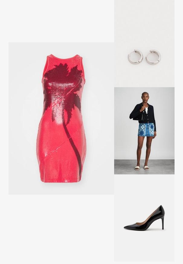 Enganliegendes ärmelloses Kleid in leuchtendem Pink mit Pailletten, das ein schwarzes Palmenmuster zeigt. Glatte Textur, kurze Länge und runder Ausschnitt.; Schwarzer Lackleder-Pumps mit hohem Absatz, spitzer Schuhspitze und Stilettabsatz, seitlich auf einem schlichten weißen Hintergrund dargestellt.; Schwarze Strickjacke, weißes Oberteil, Jeansrock mit blauem und schwarzem Diamantenmuster, schwarze Handtasche und beige Rutschsandalen.; Silberfarbene Metall-Hoop-Ohrringe mit runder Form und polierter Oberfläche. Jedes Ohrstecker hat einen klappbaren Verschluss für sicheren Tragekomfort.