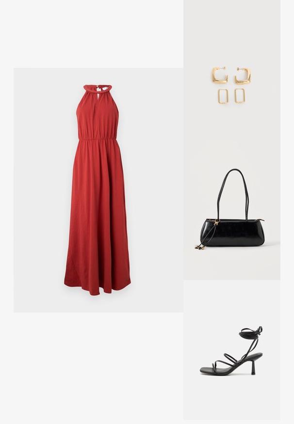 Robe maxi d'un rouge profond, avec un col halter, un décolleté froncé et une taille élastique. Tissu doux et fluide s'étendant jusqu'au sol.; Sandale noire à lanières avec un bout carré, des liens de cheville réglables et un talon carré fin. Fabriquée en un matériau lisse et durable.; Sac à main rectangulaire noir avec deux longues bandoulières, détail anneau doré et fermeture éclair sur un fond clair uni.; Deux paires de Boucles d'oreilles créoles géométriques dorées sur une surface blanche unie, une paire carrée et pleine, une paire rectangulaire et creuse.