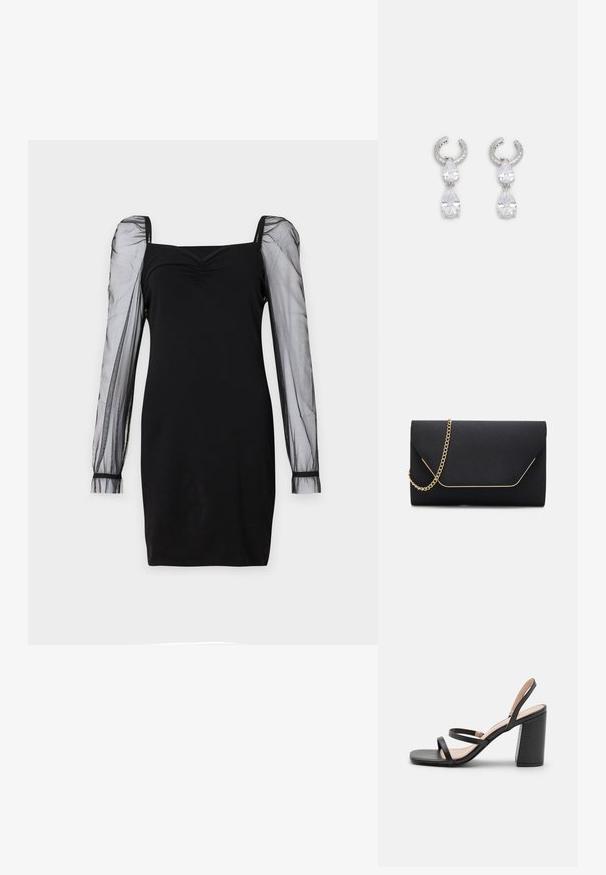 Must mustrend, millekandidega, ümar kaelus, tihedalt istuv kehaosa ning läbipaistvad pikad puffvarrukad mansettidega. Sujuv tekstuur ja sile siluett.; RAID LIBRA - Saapad - black; Must must handbag sile, mille tekstuuriga, kullast ahelakinnituse ja kuldse äärisega geomeetrilise klapi sulgemisega.; Hõbedased kõrvarõngad, millel on tekstuuriga rõngaste disain, kus on kaks selget tilgakujulist kristalli ja väiksem ruudukujuline kristall allosas.