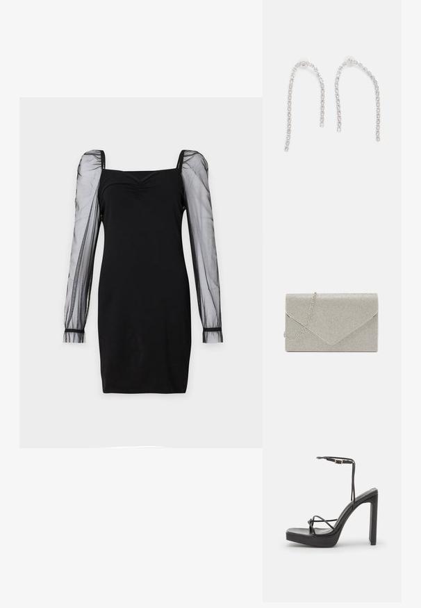 Schwarzes Kleid mit quadratischem Ausschnitt, tailliertem Oberteil und durchsichtigen langen Puffärmeln mit Bündchen. Glatte Textur mit schicker Silhouette.; DeeZee High Heel Sandalette - black; Metallisch silberne Clutch mit einem Umschlagdesign, verziert mit einem strukturierten Muster und ausgestattet mit einem abnehmbaren Kettenriemen.; Silberohrringe mit herabhängenden Ketten, die mehrere klare Edelsteine in einem linearen Muster angeordnet haben und einen schimmernden Effekt bieten.