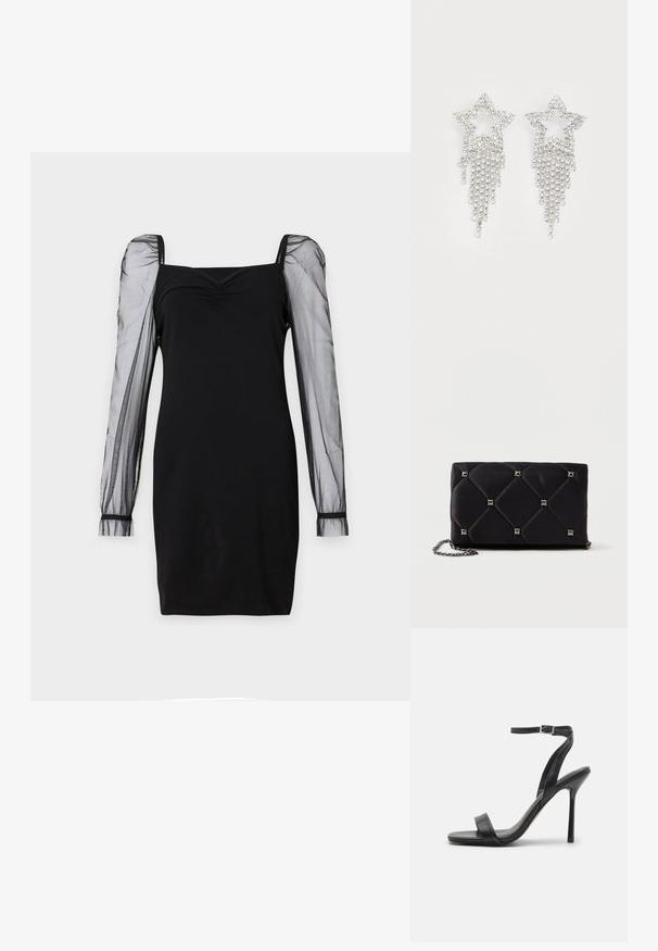 Zwart jurkje met een vierkante halslijn, fitted lijfje en doorzichtige lange pofmouwen met manchetten. Glossy textuur met een slanke silhouet.; Zwarte hoge hakken sandaal met een slanke enkelband en twee voorste banden. Gemaakt van soepel leer met een slanke puntneus en een stiletteloze hak.; Zwarte gewatteerde satijnen clutch met zilveren piramide studs, kettingriem, rechthoekige vorm en een gladde textuur. Afmetingen van 10 cm x 18 cm x 4 cm.; Rhinestone ster oorbellen met waterval franje, in een zilverkleurige tint en een glanzend, reflecterend oppervlak. Stervorm met ingewikkeld ontwerp.