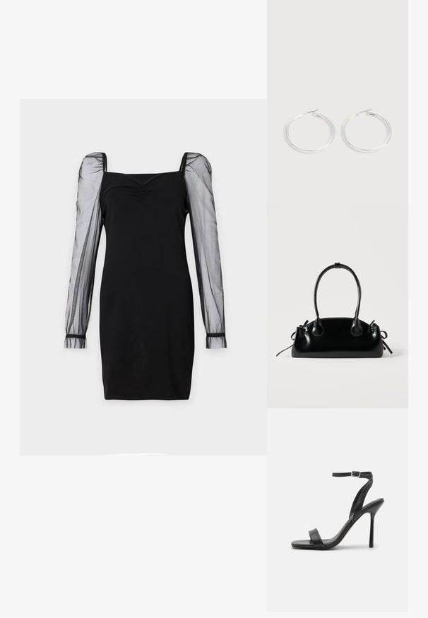 Schwarzes Kleid mit quadratischem Ausschnitt, tailliertem Oberteil und durchsichtigen langen Puffärmeln mit Bündchen. Glatte Textur mit schicker Silhouette.; Schwarze High-Heels-Sandalen mit schlankem Knöchelriemen und zwei vorderen Riemen. Aus glattem Leder gefertigt, mit einer eleganten spitzen Zehenform und einem Stiletto-Absatz.; Kleine schwarze glänzende Handtasche mit zwei langen Griffen und seitlichen Kordelzug-Details vor einfachem hellem Hintergrund.; Paar glänzende silberne Creolen mit dünnen Drahtverschlüssen, dargestellt vor einem hellgrauen Hintergrund.