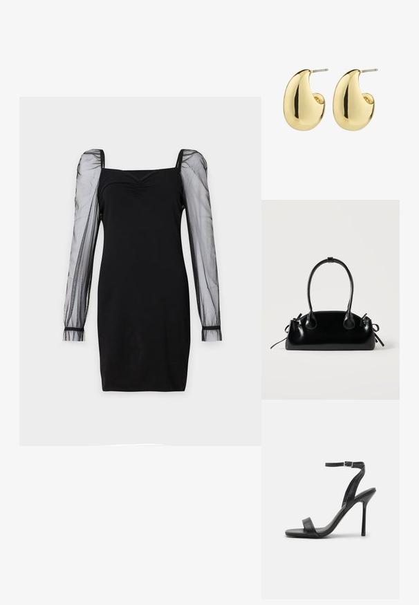 Robe noire avec un décolleté carré, un buste ajusté et des manches longues en organza transparent avec des poignets. Texture lisse avec une silhouette élégante.; Sandale à talons hauts noire avec une fine sangle au niveau de la cheville et deux bandes à l'avant. Fabriquée en cuir lisse avec un bout pointu élégant et un talon aiguille.; Petit sac à main noir brillant avec deux longues anses et des détails à cordon sur les côtés sur un fond clair uni.; Boucles d'oreilles en métal doré avec une surface lisse et polie, présentant une forme abstraite en goutte d'eau. Attache en tige métallique simple.